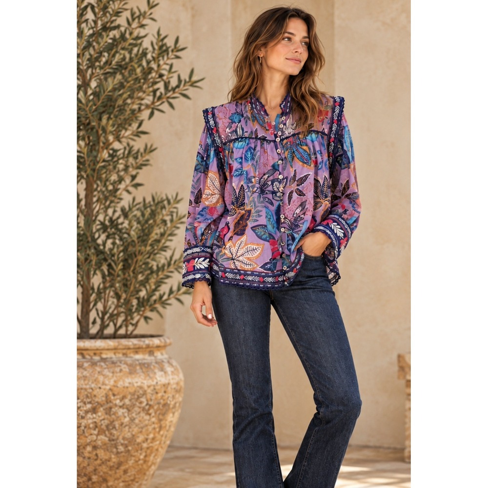 Farm Rio Blouse Boho Purple Botanical Leaf Print Ruffle Lace Trim 100% Cotton XL